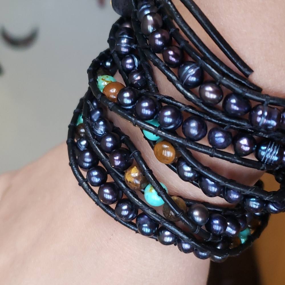 Tigers eye and turquoise with dyed black pearls wrap around